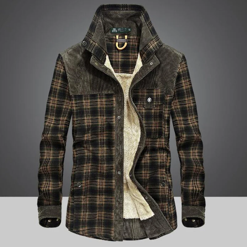 Cotton Liner Fleece Casual Shirt Men Winter Thick Wool Turn Down Plaid Shirts Coat Men's Long Sleeve Shirt Military Jackets