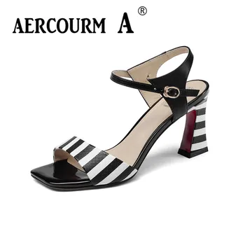 

Aercourm A Women Summer Sandals Mixed Colors Genuine Leather Sandals Lady Buckle Strap Summer Shoes Square Heel Black Sandals