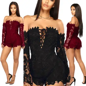 

Sexy Women Clubwear Short Bodysuits Off the Shoulder Long Sleeve Lace Jumpsuits and Rompers