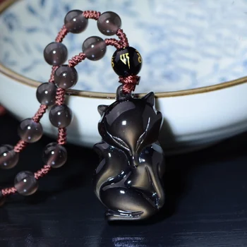 

Fashion Unisex Fox Pendant Personality Black Obsidian Cool Lucky Fox Amulet pendant necklace woman man's Jewelry Wholesale
