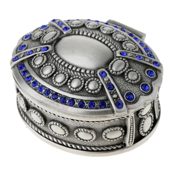 

Antique Silver Trinket Box Oval Jewelry Box with Metallic Floral Engraved