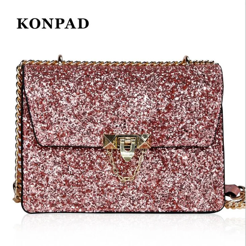 

KONPAD Brand Bags for Women sequins Genuine leather Shoulder Bags for Lady Chain fashion chip real leather Luxury Desgin Handbag