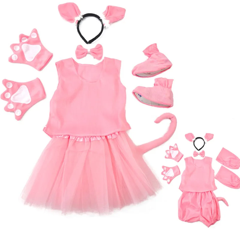 

Children girl boy Cartoon Animal Halloween Pink Pig costume clothes headband shoes Performance Suit Children's Day set kid