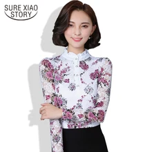 New 2017 Fashion Blusa Women Brand shirt Slim Pirnted shirt long-sleeved Female lace Tops Women lace blouse Plus size 4XL 36i 25
