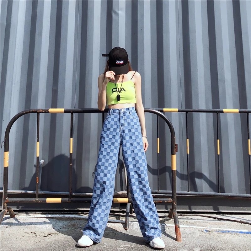 Woherb Jeans Woman Plaid Pants Hip Hop New Female Wide Leg Pants Fashion Harajuku BF Vintage High Waist Denim Pants 22706