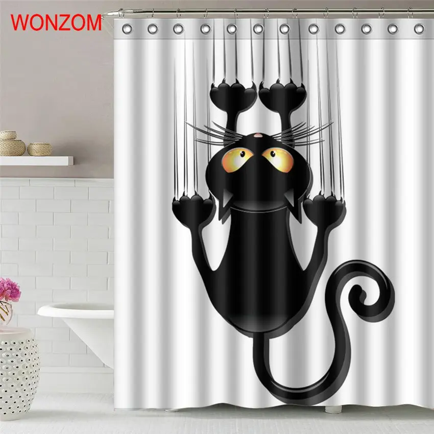 WONZOM Черный кот занавески для душа ткань Ванная комната декор украшения Cortina De Bano полиэстер животных для ванной шторы и крючки подарок