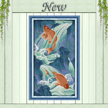 

Fishes leaping animals carp Paintings Counted Print on canvas DMC 14CT 11CT DIY Cross Stitch NKF Needlework Kits Embroidery Sets