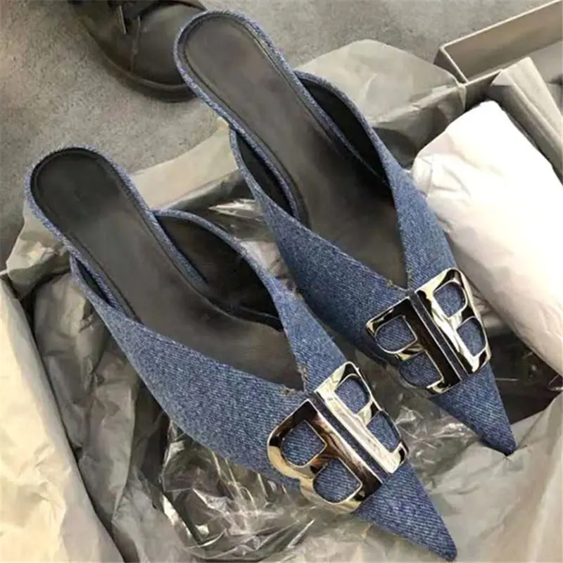 

Ladies Spring V Pumps New Black Blue Denim Pointed Toe Mules with Kitten Heel Shoes Women BB Metal Decor Slip on Med Heels Pumps