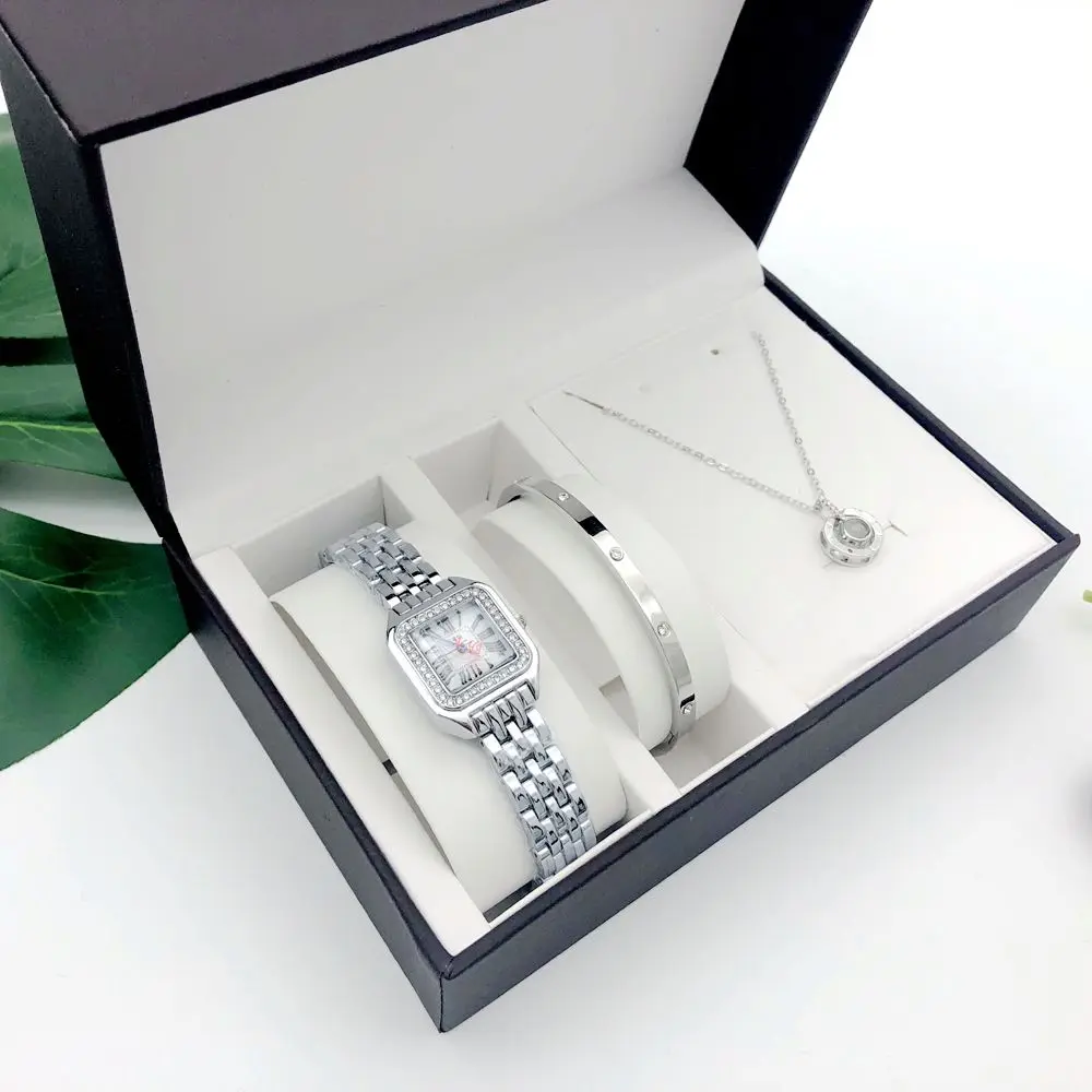 

Square Watches Women Set Simple Fashion Necklace Bracelet Wirstwatch Set Ladies Birthday Gifts For Valentine's Day Gift with Box