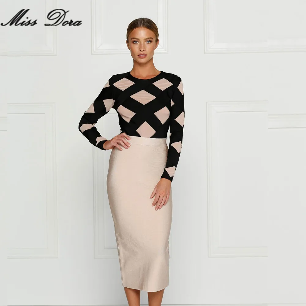 

2019 Winter New Women's Runway Fashion Mesh Patchwork Black Long Sleeve Skinny Club Party Bandage Jumpsuit and Skirt