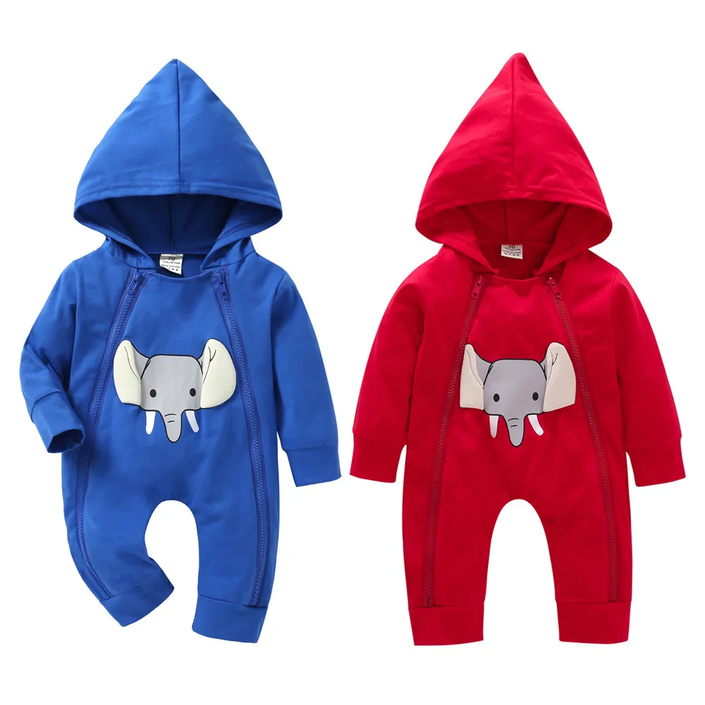 

Infant Baby Girls Boys Cartoon Elephant Hooded Zippers Romper Jumpsuit Outfits Unisex fashion cotton print hooded jumpsuit