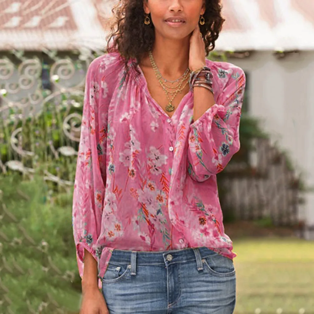 

Femme Peplum Top Blusas Women's Loose Plus Size Print Long Sleeve V-neck button Pullover Tops Shirt Lange Mouwen Chemisier