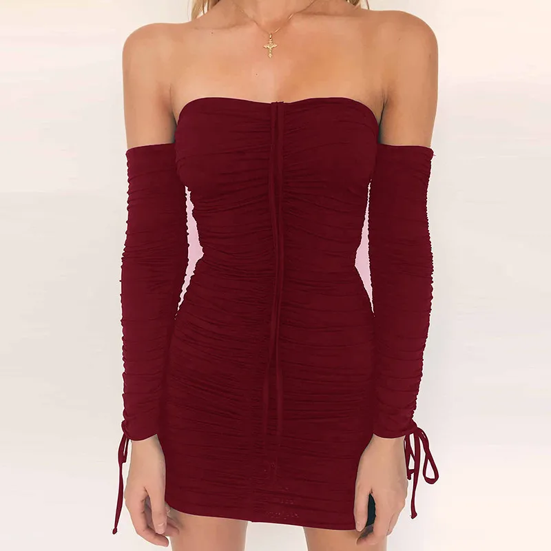 Off Shoulder Slash Neck Sexy Women Slim Bodycon Dress Fashion Long Sleeve Mini Club Party Dresses Elegant Ladies Dress Vestidos06