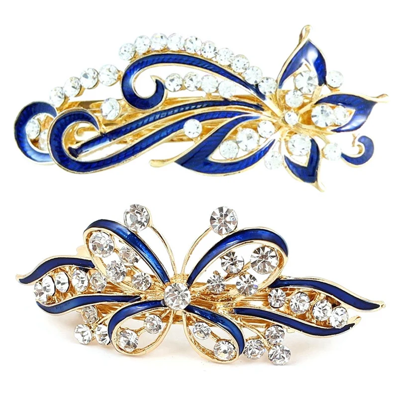 

Dark Blue Rhinestones Inlaid Swirl Floral Barrette French Hair Clip & Ladies Bow Glittering Crystal Stone Decor French Hair Cl