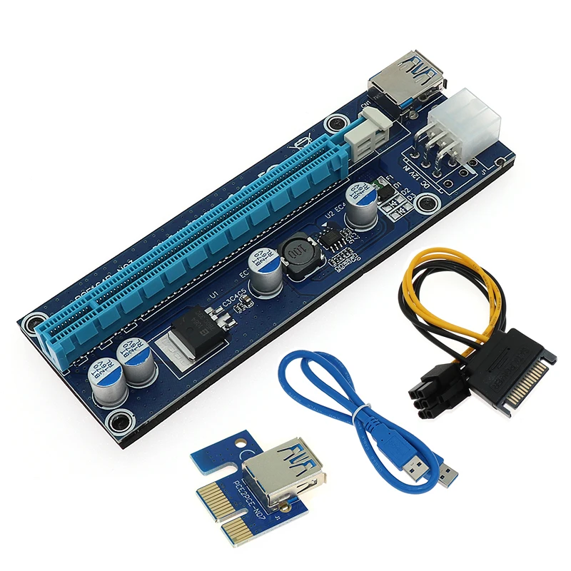 

006C PC PCIe PCI-E PCI Express Riser Card 1x to 16x USB 3.0 Data Cable SATA to 6Pin IDE Molex Power Supply for BTC Miner Machine