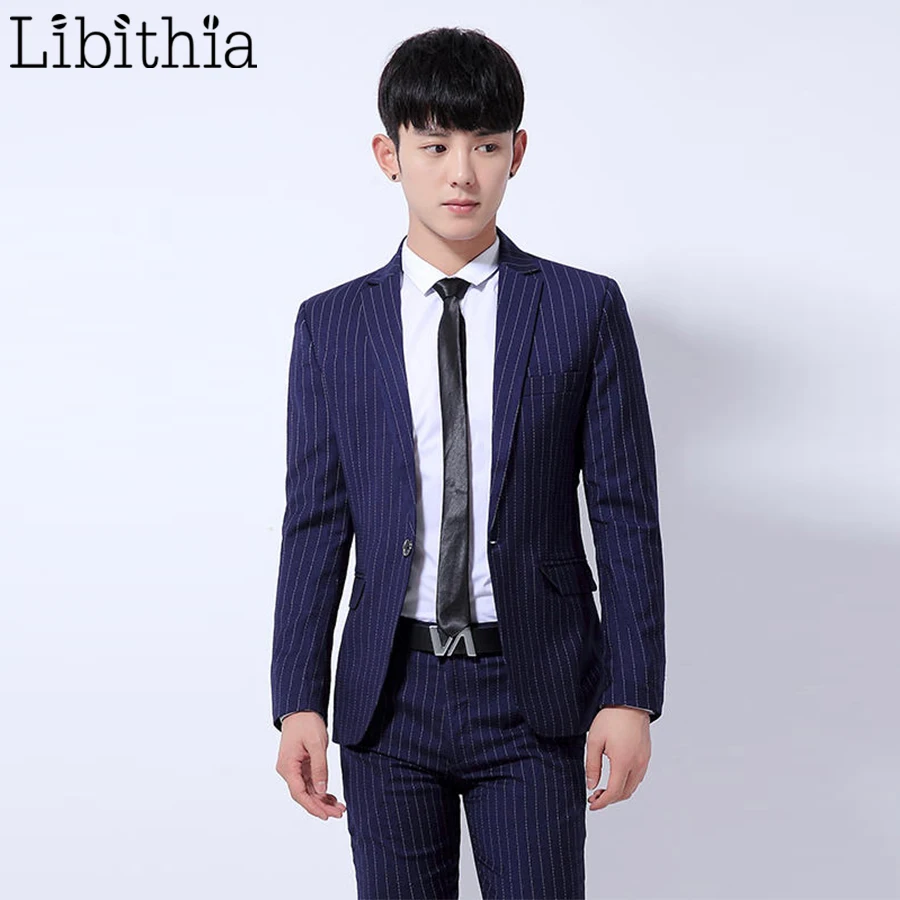 

Men Striped Pattern Casual Suit Blazers Slim Fit Jackets One Button Blazer Clothes Male M-3XL Black Blue Fashion Wear K297