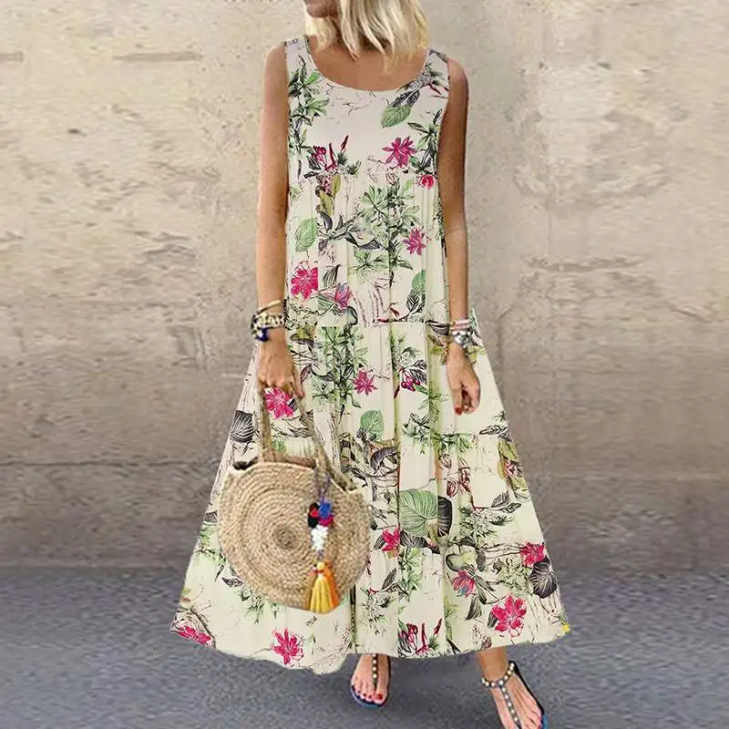 

2019 Plus Size Floral Printed Dress Summer Vintage Bohemian Party Sundress Women Casual Sleeveless Long Maxi Vestidos Femme Robe
