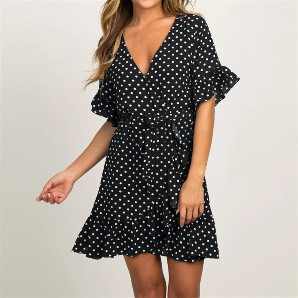 

JAYCOSIN Women's Ladies Fashion Solid Short Sleeve Ruffles V-Neck Casual Summer Dress Mar28 P38
