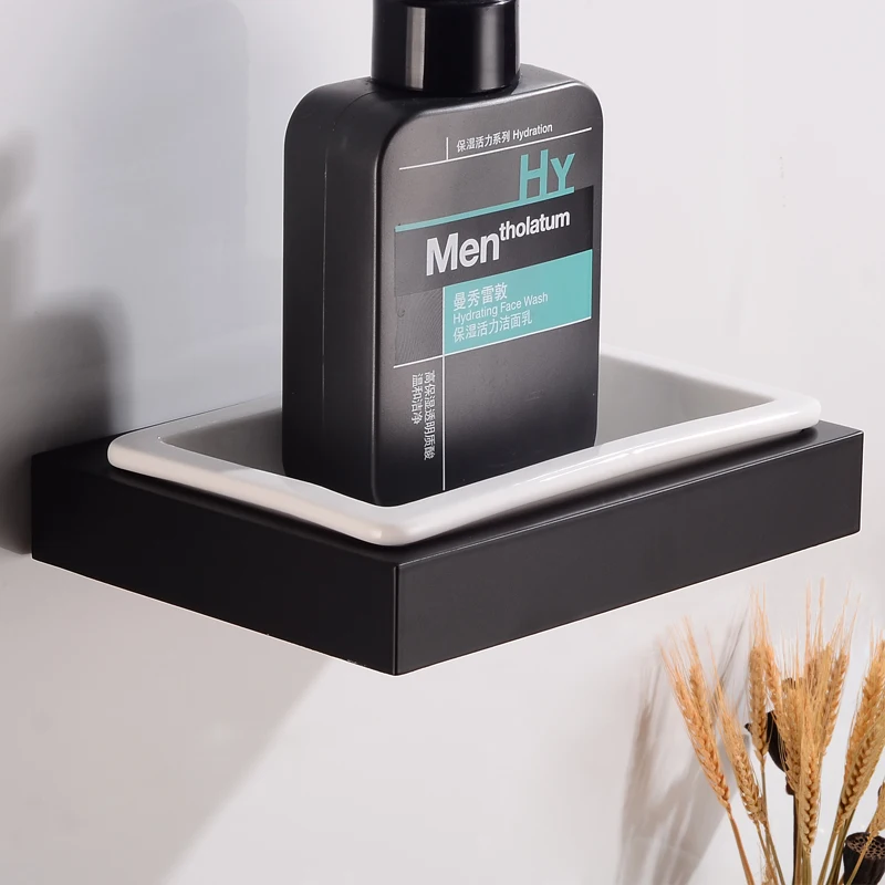Soap Dish Storage Holder Wall Mounted Soap Holder Shower Space Aluminum Decorative Bathroom Soap Rack Black Bath Accessories