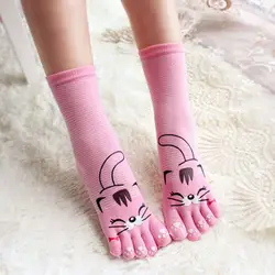 Смешные Веселые длинные женские хлопковые носки пять носок с пальцами озорной котенок сплошной цвет печати 5 пальцев Носки пара для