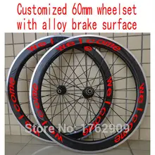 New customized 700C 60mm clincher rim Road bicycle 3K UD 12K carbon fibre bike wheelsets with alloy brake surface Free shipping