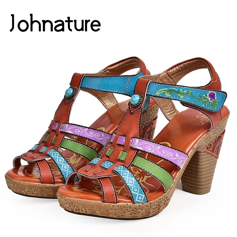 

Johnature Genuine Leather Ankle-wrap Summer Casual Hook & Loop Hand-painted Retro Sandals Super High Heels Women Shoes