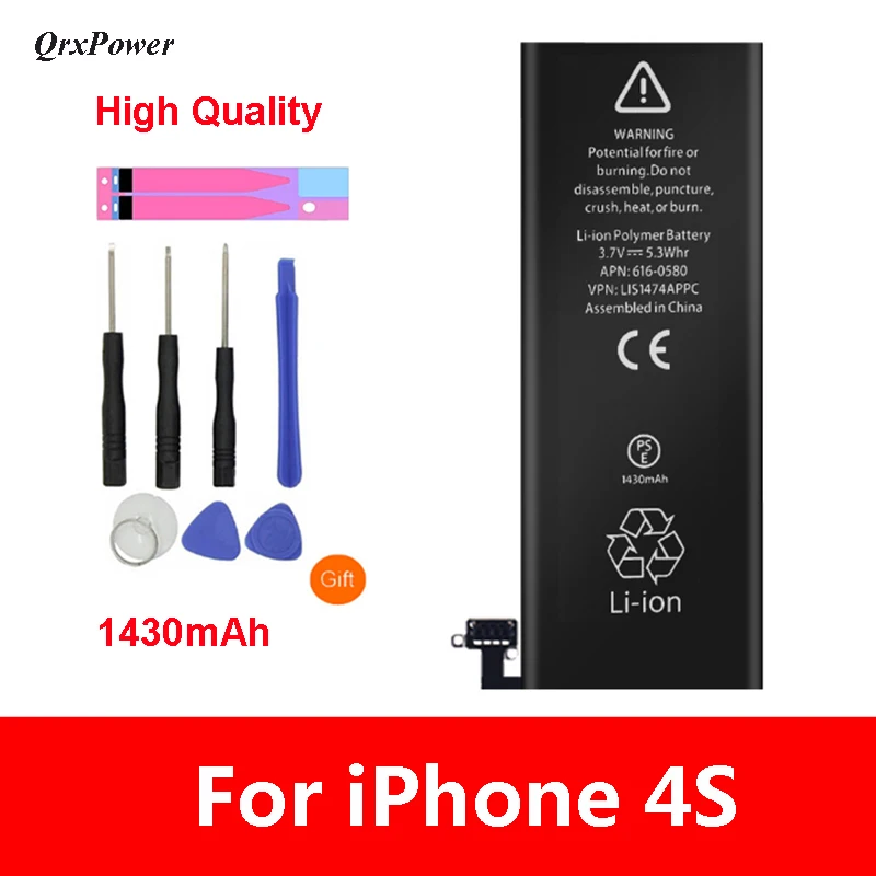 

QrxPower High Quality Replacement Li-ion Battery Real Capacity 1430mAh With Tools for iphone 4s 0 Cycle 1 year warranty