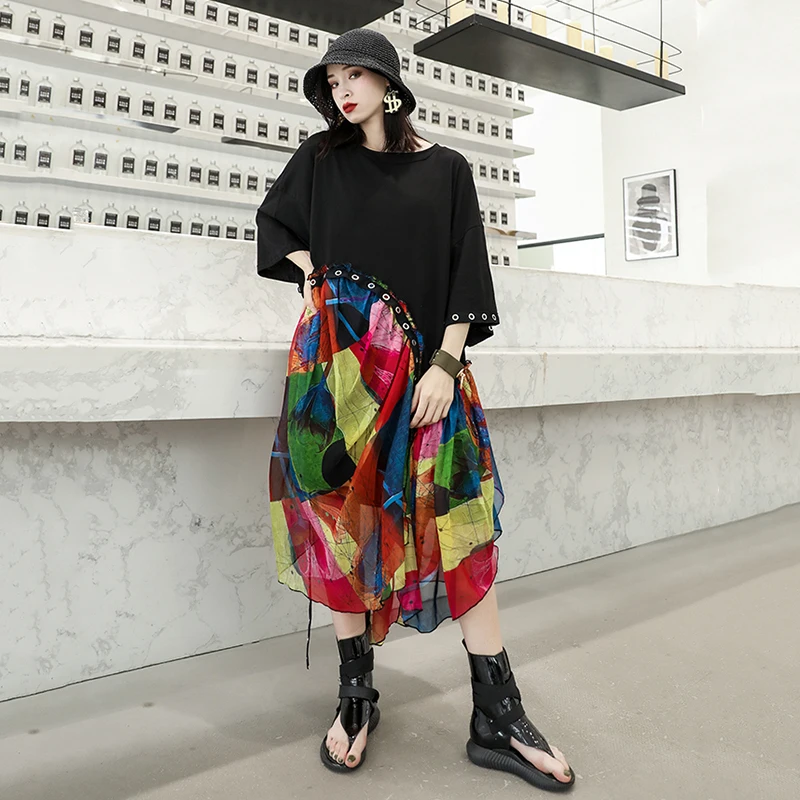 [EAM] New Spring Summer Round Neck Half Sleeve Print Pattern Bandage Chiffon Personality Big Size Dress Women Fashion JX866