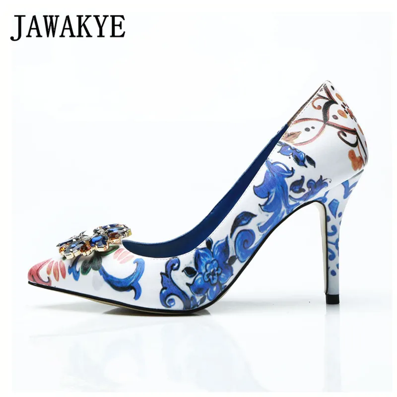 

2019 Crystal Blue and white porcelain pattern Women Pumps Pointed Toe Thin High Heels Shoes Fashion Solid Party Shoes Woman