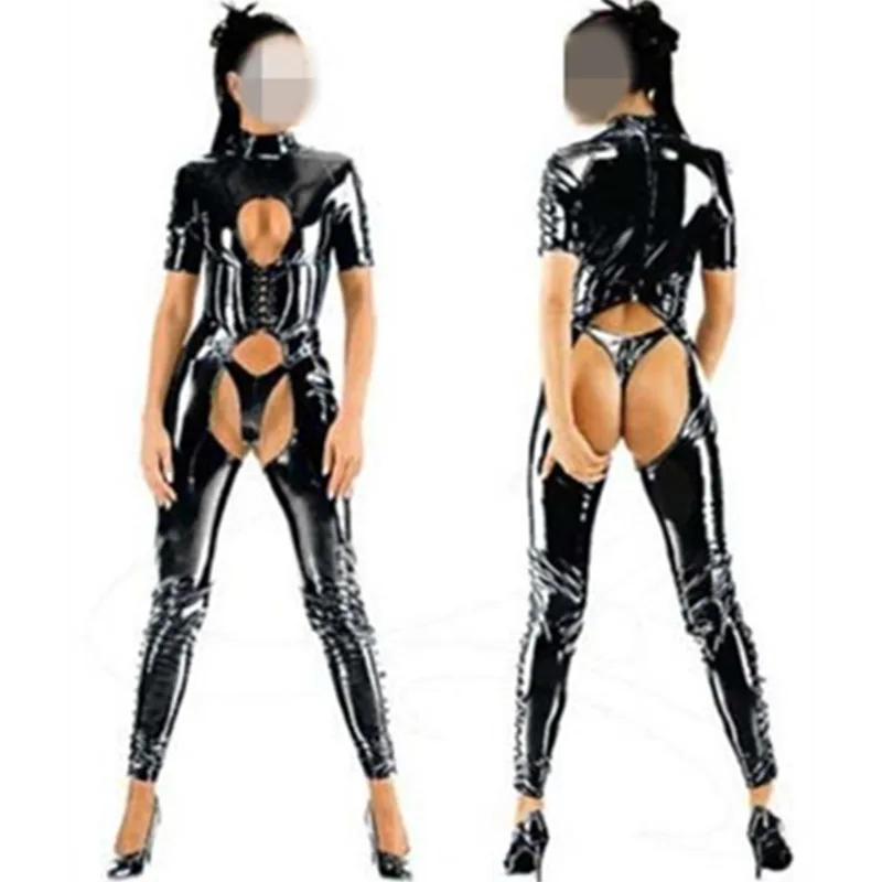 

New Women Short Sleeve Open Front Role Jumpsuit Sexy Latex Wet Look PVC Bodysuit Teddy Erotic Clubwear Goth Punk Leather Catsuit