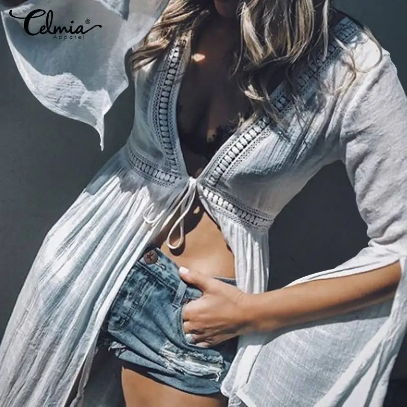 

Oversized Tops Celmia Women Vintage Kimono Cardigan 2019 Summer Solid Beach Lace Blouse Long Sleeve Casual Loose Long Shirts Top