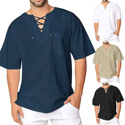 Oyamiki Mens Short Sleeve Henley Shirt Linen Hippie Summer Solid Beach Yoga Top