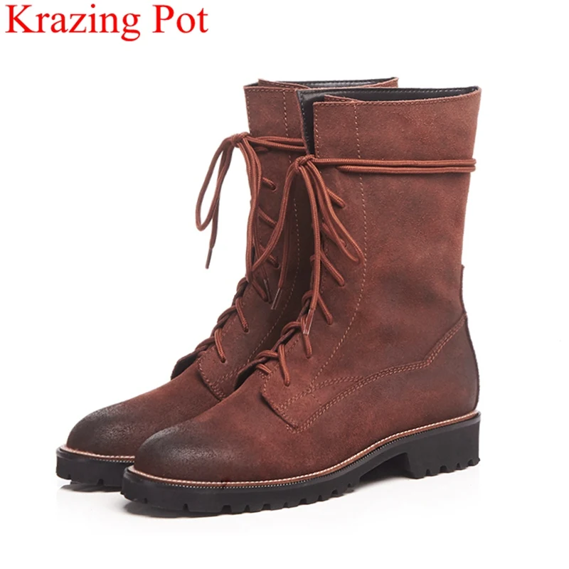 

2018 new genuine leather big size square heel mid-calf boots lace up motorcycle boots elegant sweet keep warm winter shoes L03