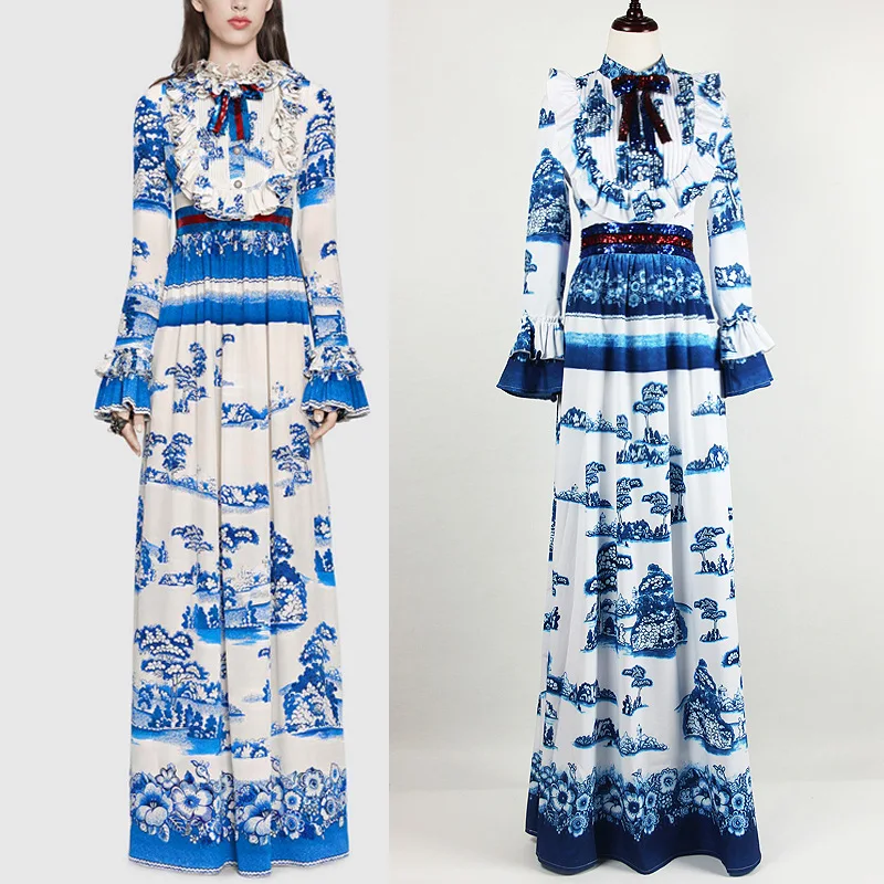 

XXL 3XL 2018 Female Runway Ruffles Blue Porcelain Printed Maxi Long Dress Women Sequins Bow Flare Sleeve Dresses JC2535