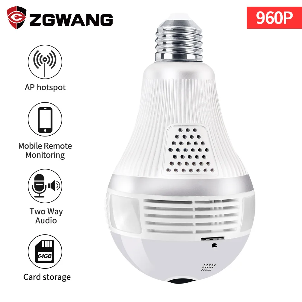 

ZGWANG 960P HD 360 Degree Panoramic viewing IP Camera Indoor lamp fixture Wif IR-Cut Night Vision Audio mini security IP camera