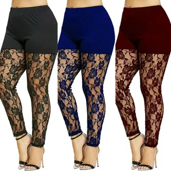 

New Women Casual Skinny Pants Leggings Fashion Patchwork Print Mesh Elastic Waist Full Pencil Tight Leggings Plus Size US