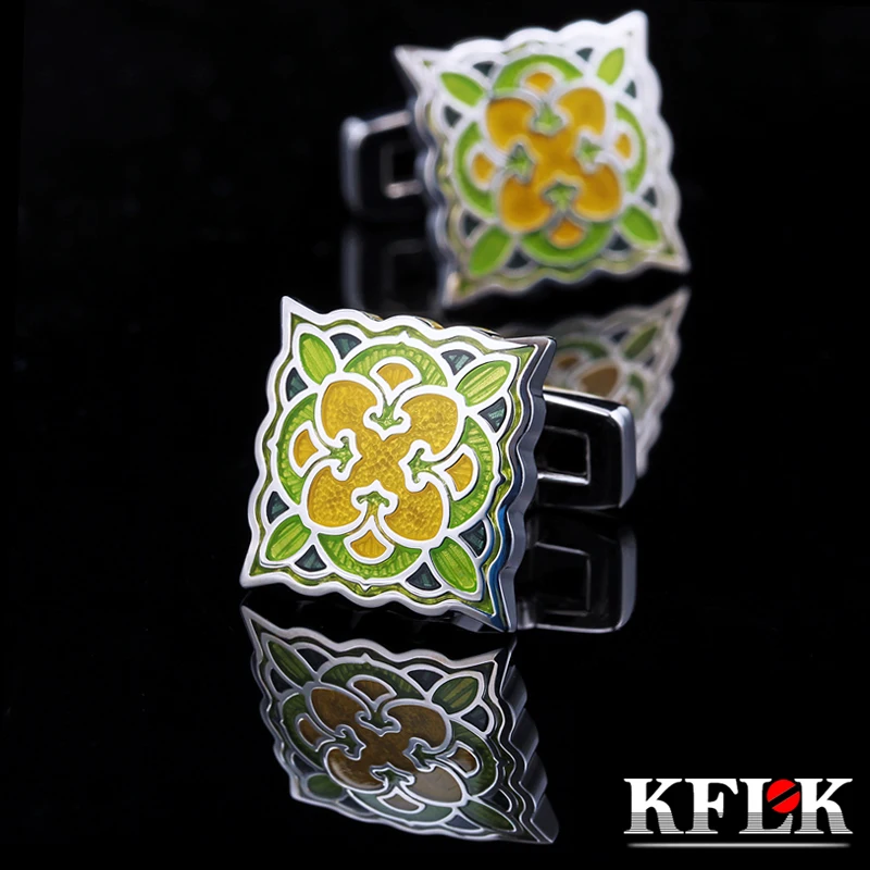 

KFLK Jewelry French shirt cufflink for mens Brand Green enamel Fashion cuff link button Luxury High Quality male Free Shipping