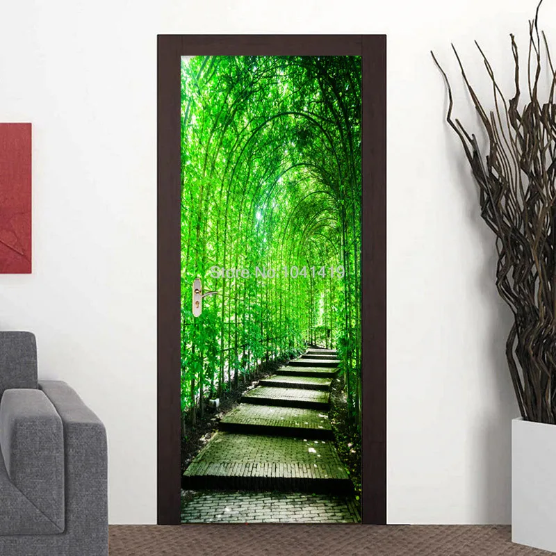 Фото обои 3D зеленый лес путь двери Стикеры ПВХ самоклеющиеся водонепроницаемые фрески современные креативные DIY наклейки обои 3 D