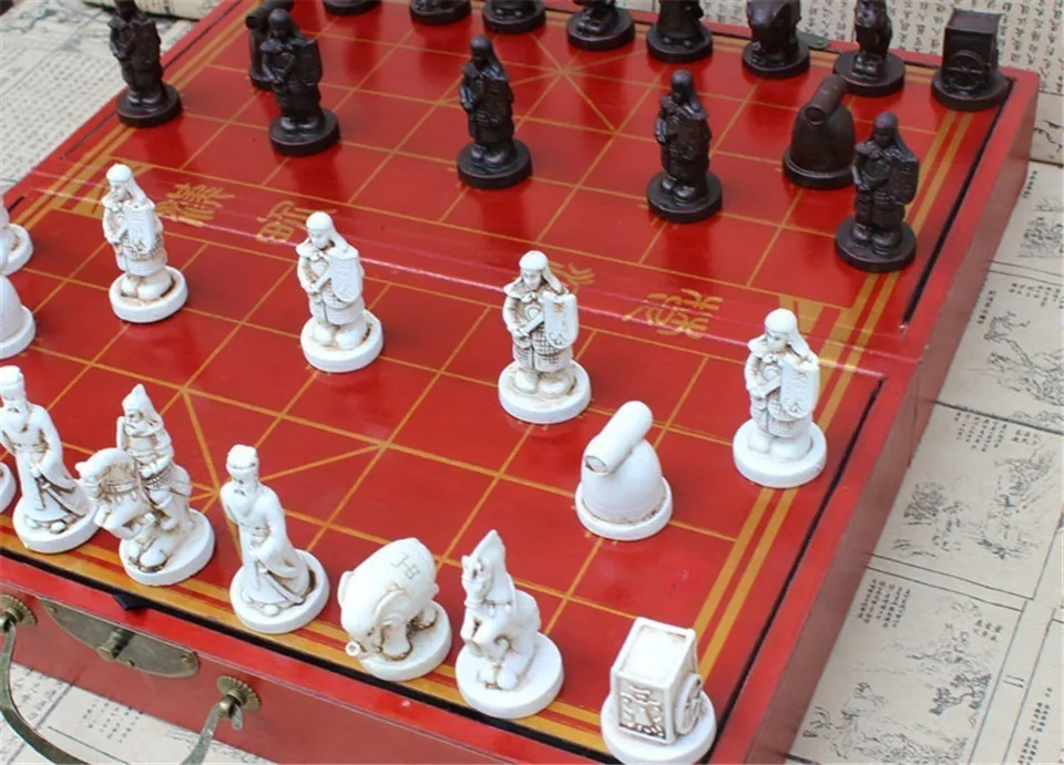 High-grade Antique Wooden Chinese Chess Game Set Folding Chessboard Chinese Traditions Resin Chess Pieces Board Game Yernea