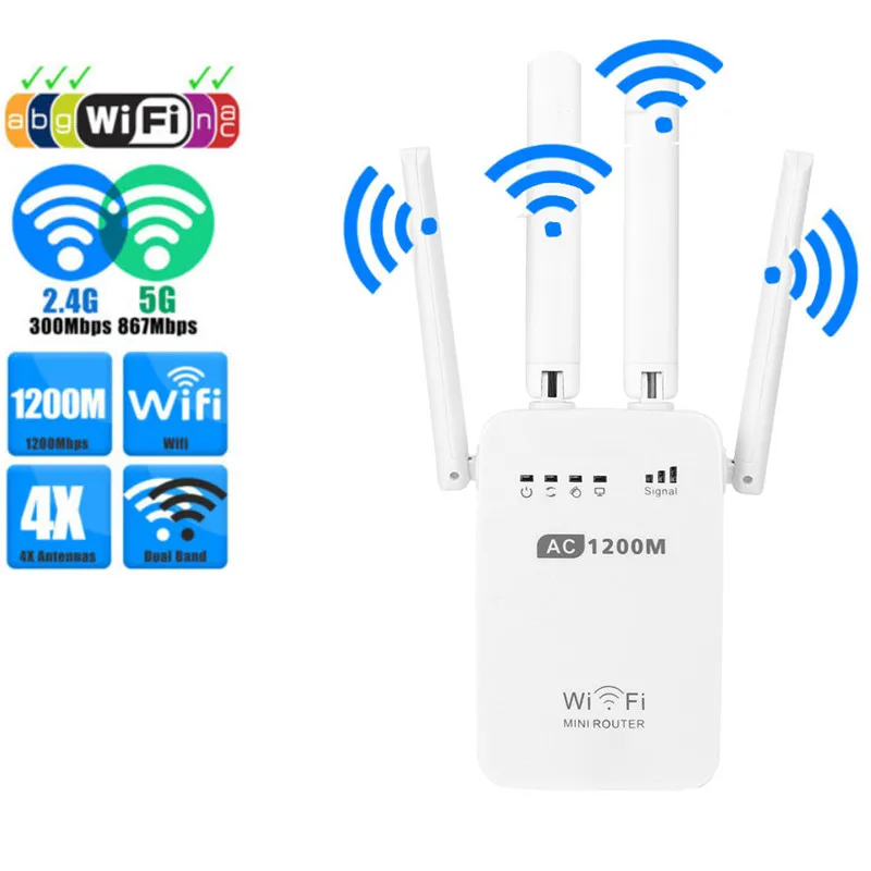 

Binmer Networking 1200Mbps Dual Band 2.4/5G US Plug Wireless Range Extender WiFi Repeater Router 4 Antenna Networking Cable