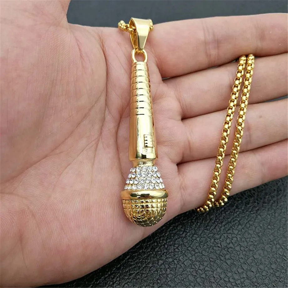 Хиппи золотой цвет Iced Out Bling музыкальный кулон «микрофон» ожерелья хип хоп ювелирные изделия для мужчин цепь из нержавеющей стали Прямая