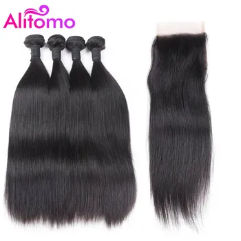 

Alitomo Malaysian Straight Hair Bundles With Closure Natural Black 1B Human Hair Bundles With Closure Non Remy Hair Weave