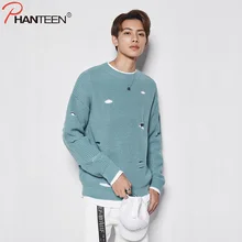 Phanteen Autumn Men Sweaters Loose Ripped Hole Design Pullovers Casual Youth O-neck Jumpers High Quality Fashion Men Clothing