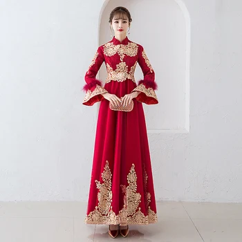

Winter New Women Wedding Party Dress Elegant Noble Ladies Mandarin Collar Evening Cheongsam High Quality Long Sleeve Gowns 4XL