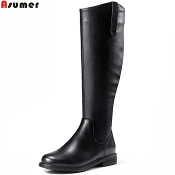 

ASUMER black fashion women boots round toe zipper ladies genuine leather +pu boots low heel square heel knee high boots