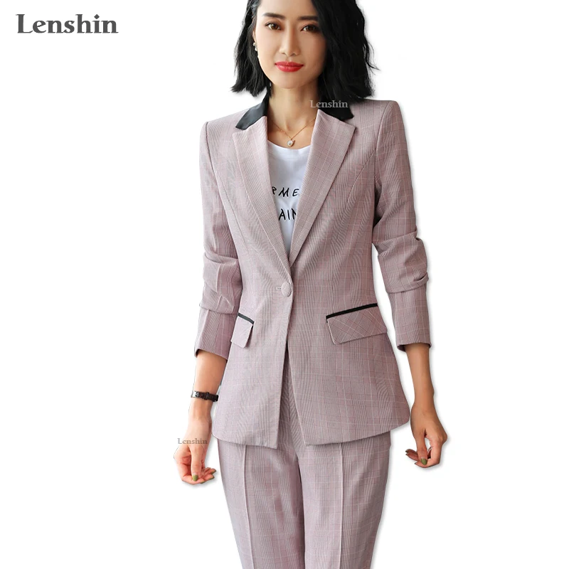 

Lenshin Contrast Collar 2 Pieces set Plaid Formal Pant Suit Office Lady Uniform Designs for Women Business Suits Work Wear