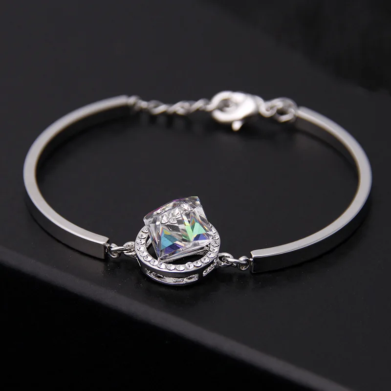 

2017 New Silver Color Cube Crystal Bracelets & Bangles For women Girl bridal wedding Charm Bracelets Fashion Jewelry Gift