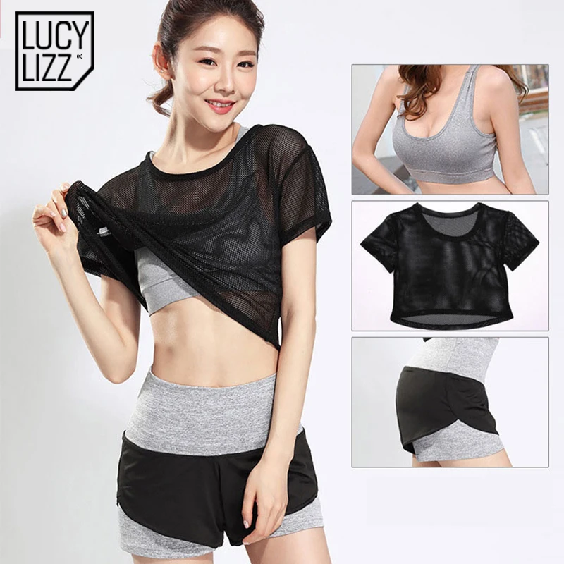 

Lucylizz 3 Piece Sports Suit Sexy Bras+Shirts+Shorts Gym Tracksuit Women Mesh Yoga Set Fitness Clothes Running Set Sportswear