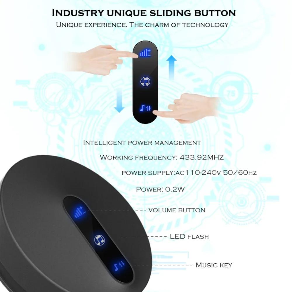 SMATRUL self powered New Waterproof Wireless Doorbell EU Plug 180M Remote smart Door Bell Chime ring  1  button 1  receiver no battery Deaf Gorgeous lighting black 5
