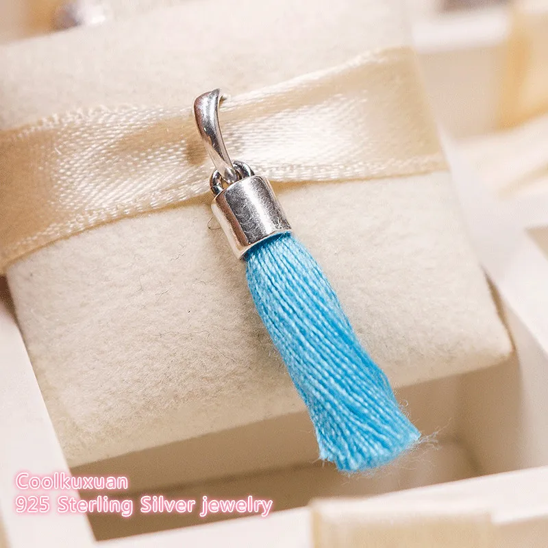 

Summer 925 Sterling Silver Wathet colour Fabric Tassel Dangle Charm Beads Fit Original Pandora Charms Bracelet jewelry